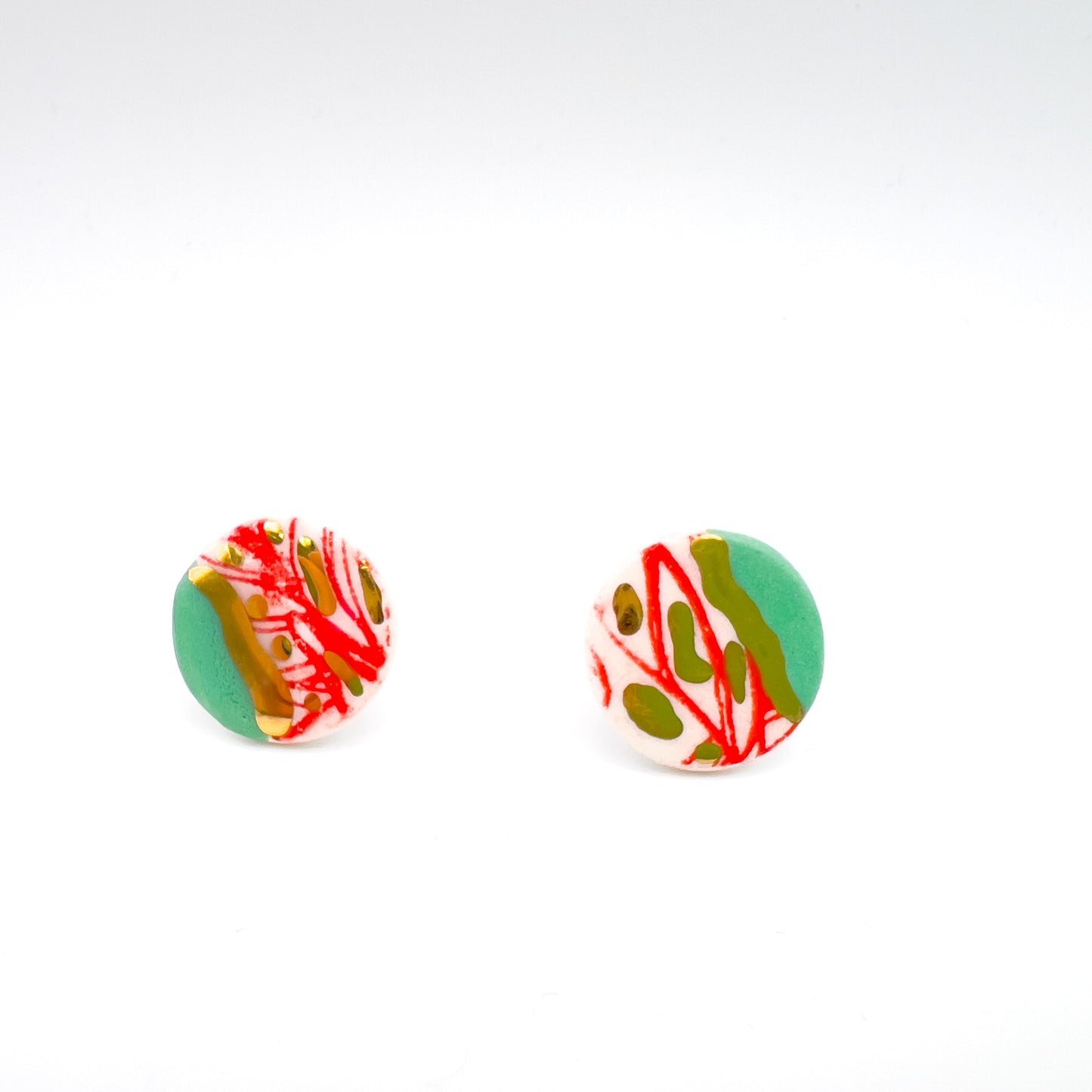 Mini Stud - Red print, mint green & 24 carat Gold Lustre