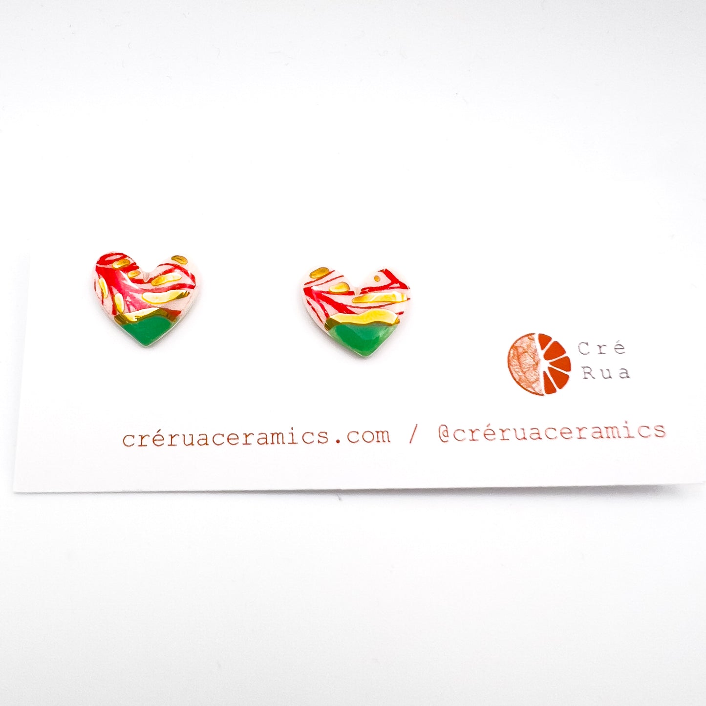 Mini Stud Heart - Red print, mint green & 24 carat Gold Lustre