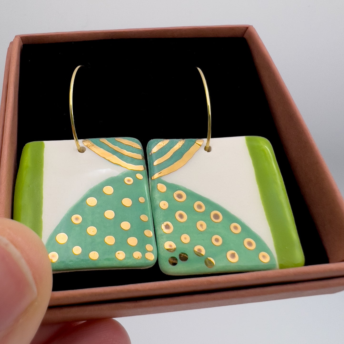 Square Hoop Drop - Three Greens & gold