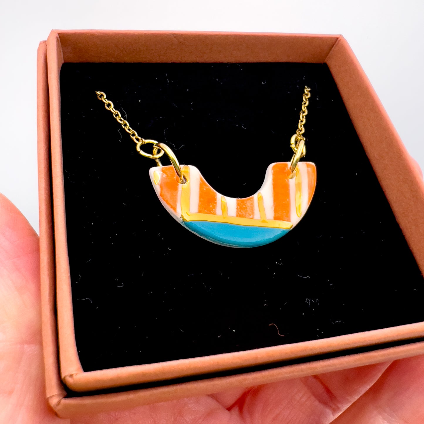 Mini Arc Necklace - Orange Stripe, Blue & 24 carat gold
