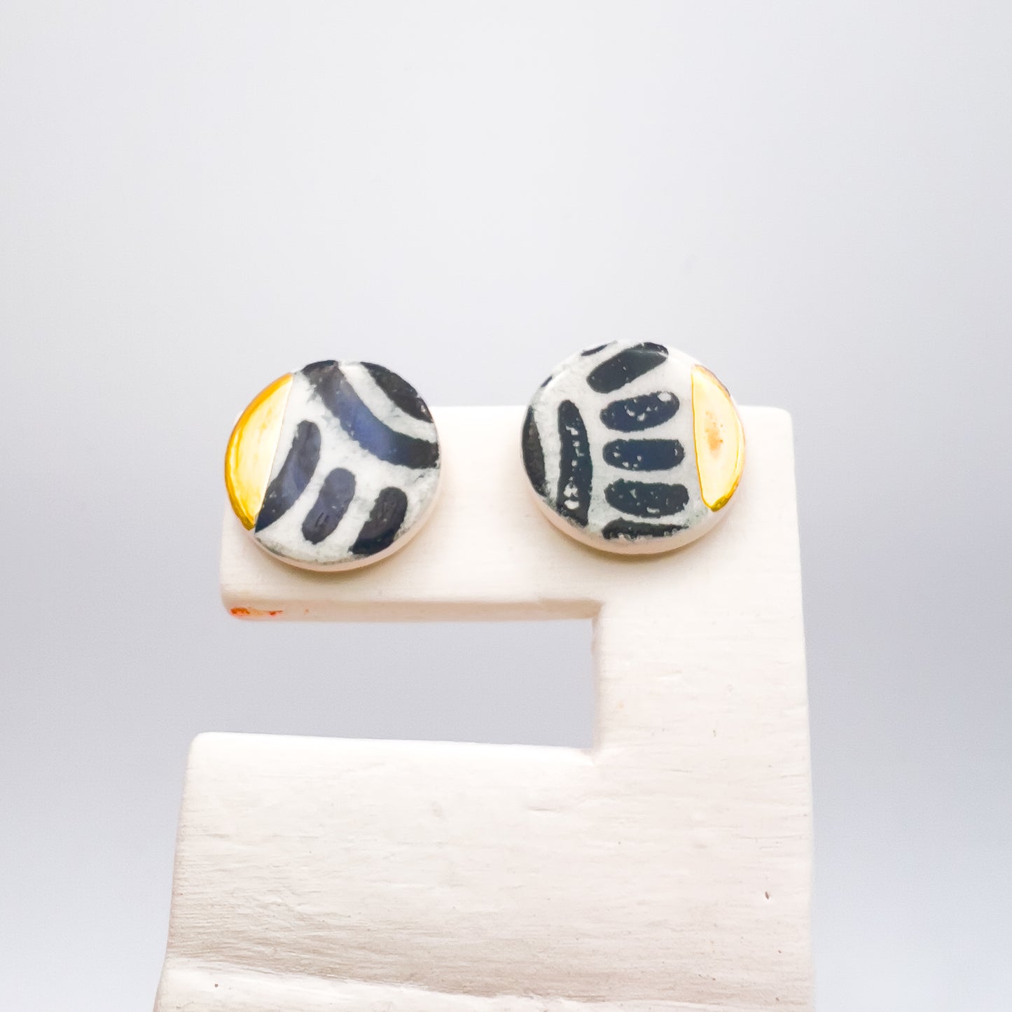 Mini Stud - Black Abstract Print & 24 carat Gold Lustre