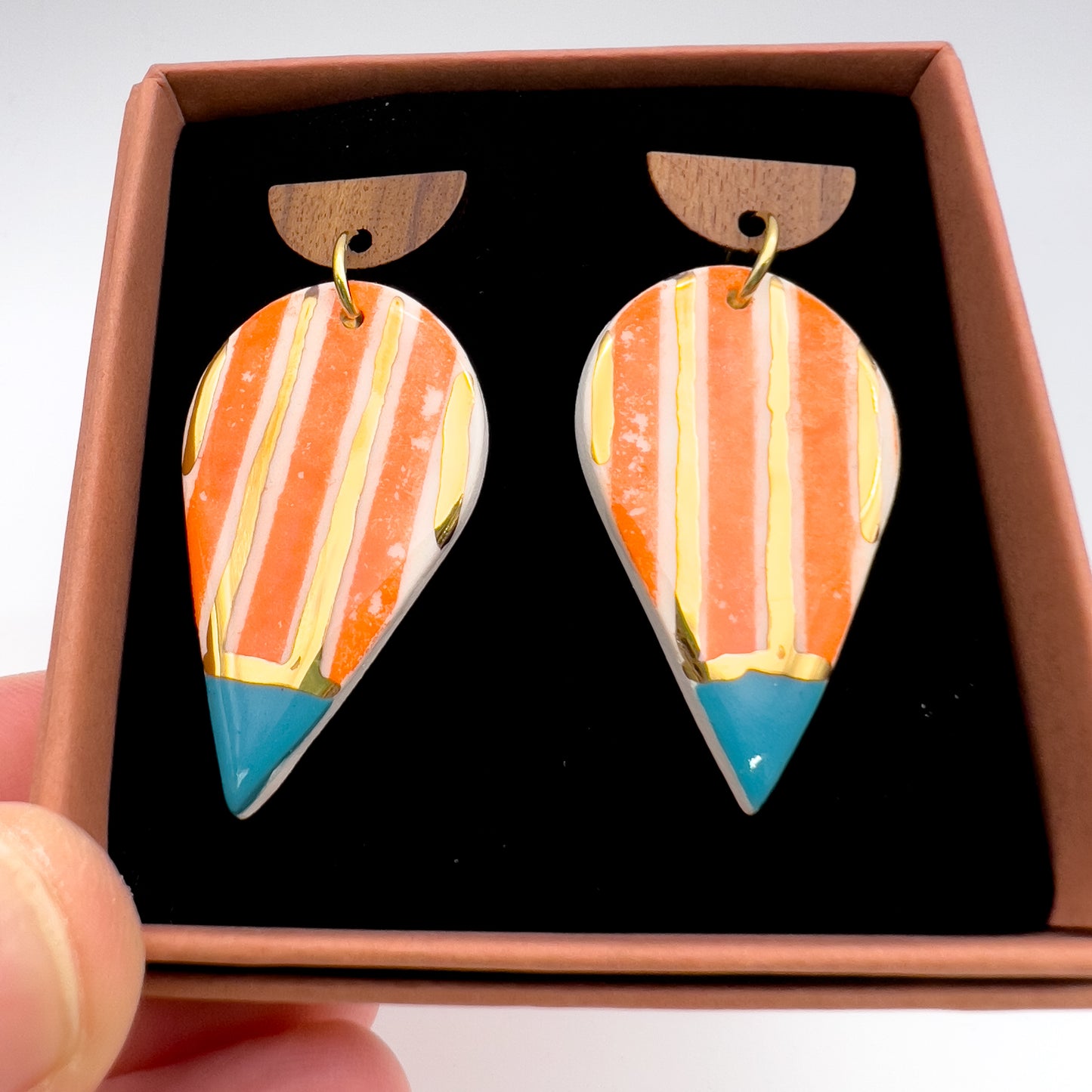Wooden Rain Drop Earring- Orange Stripe, Blue & 24 Carat Gold