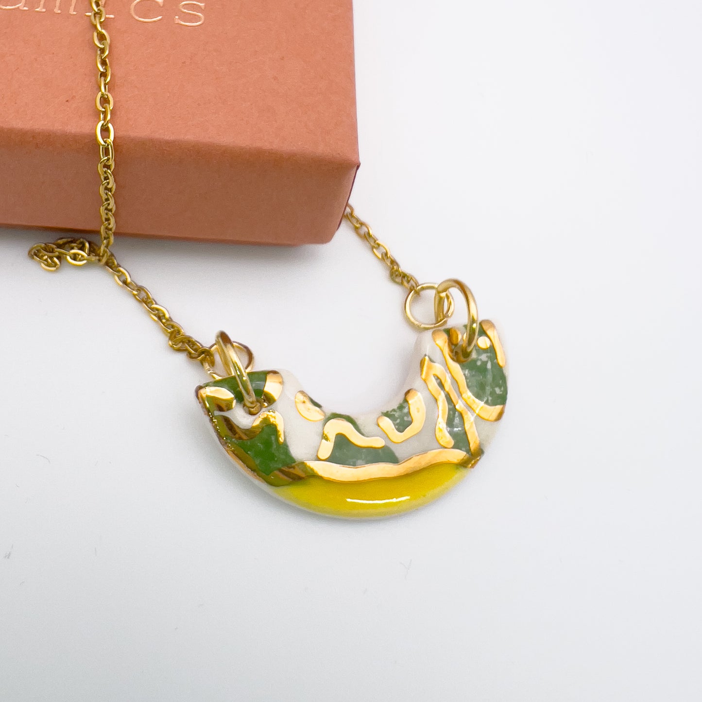 Gift Set - Mini Arc Necklace & Mini Stud Earrings. Canary Yellow, Green Animal Print & 24 carat gold