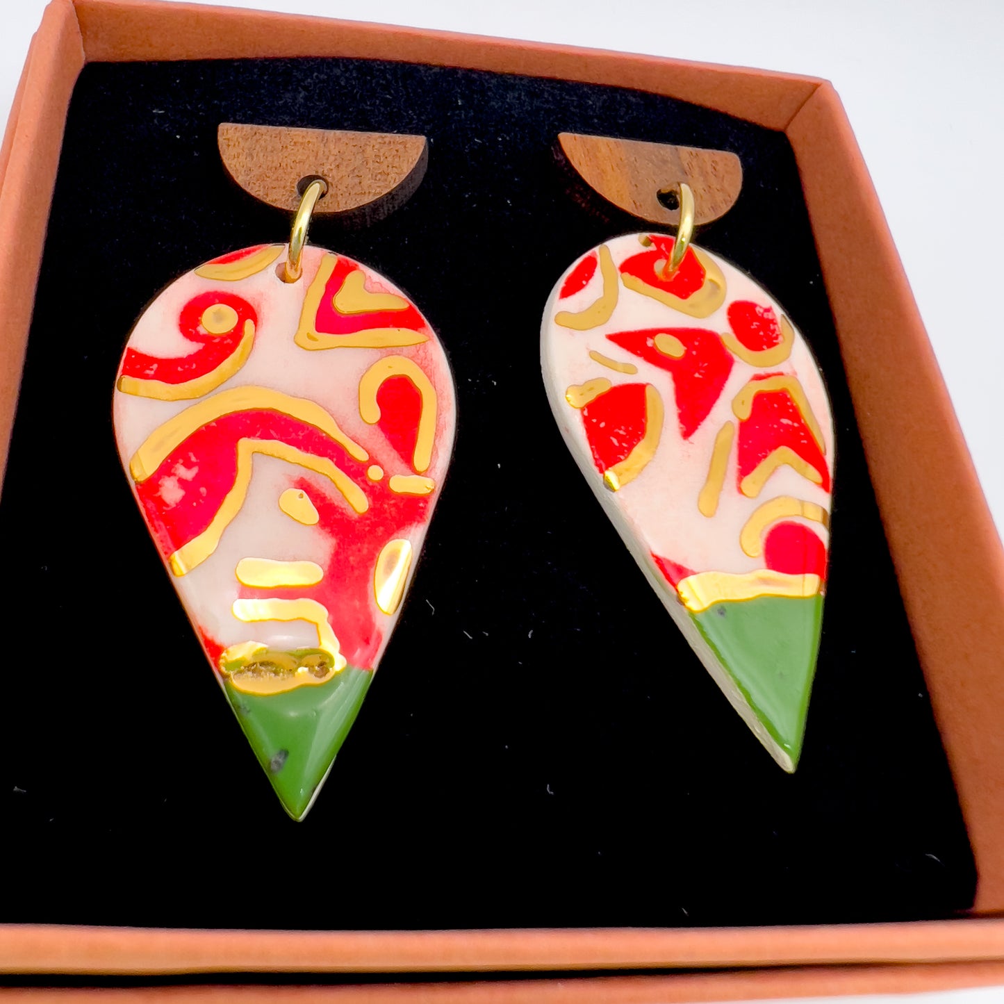 Wooden Rain Drop Earring- Irish Green, Red Print & 24 Carat Gold