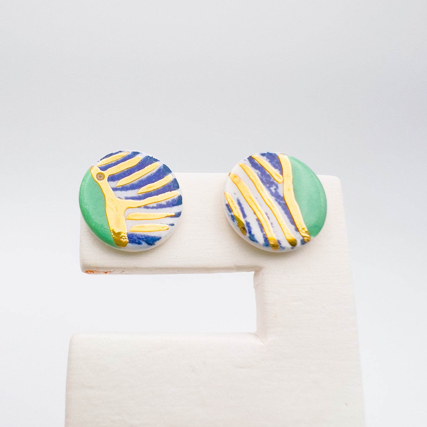 Mini Stud - Navy wavy print, mint green & 24 carat Gold Lustre