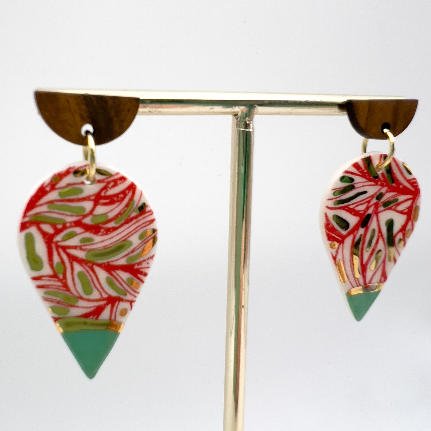 Wooden Rain Drop Earring- Minty Green, Red Print & 24 Carat Gold