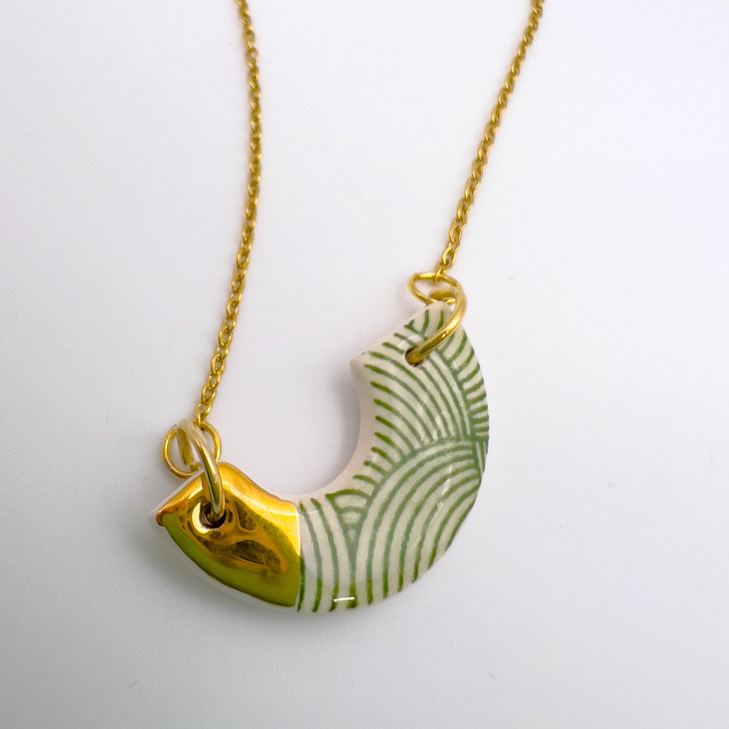 Gift Set - Mini Arc Necklace & Mini Stud Earrings. Green Spiral Print & 24 carat gold