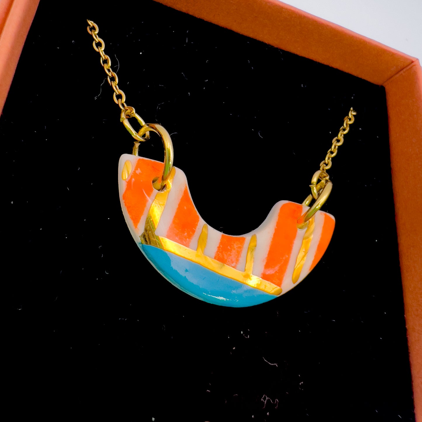 Mini Arc Necklace - Orange Stripe, Blue & 24 carat gold
