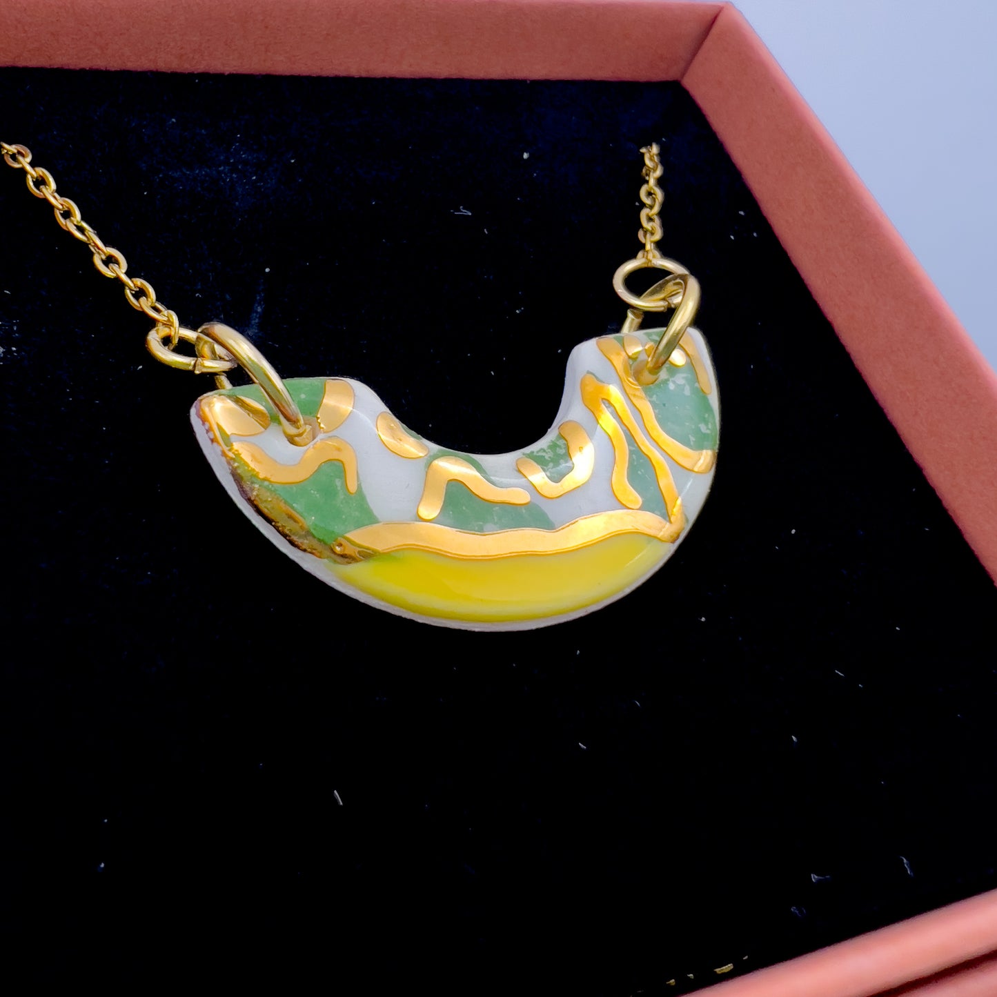 Mini Arc Necklace - Green animal print, yellow & 24 carat gold