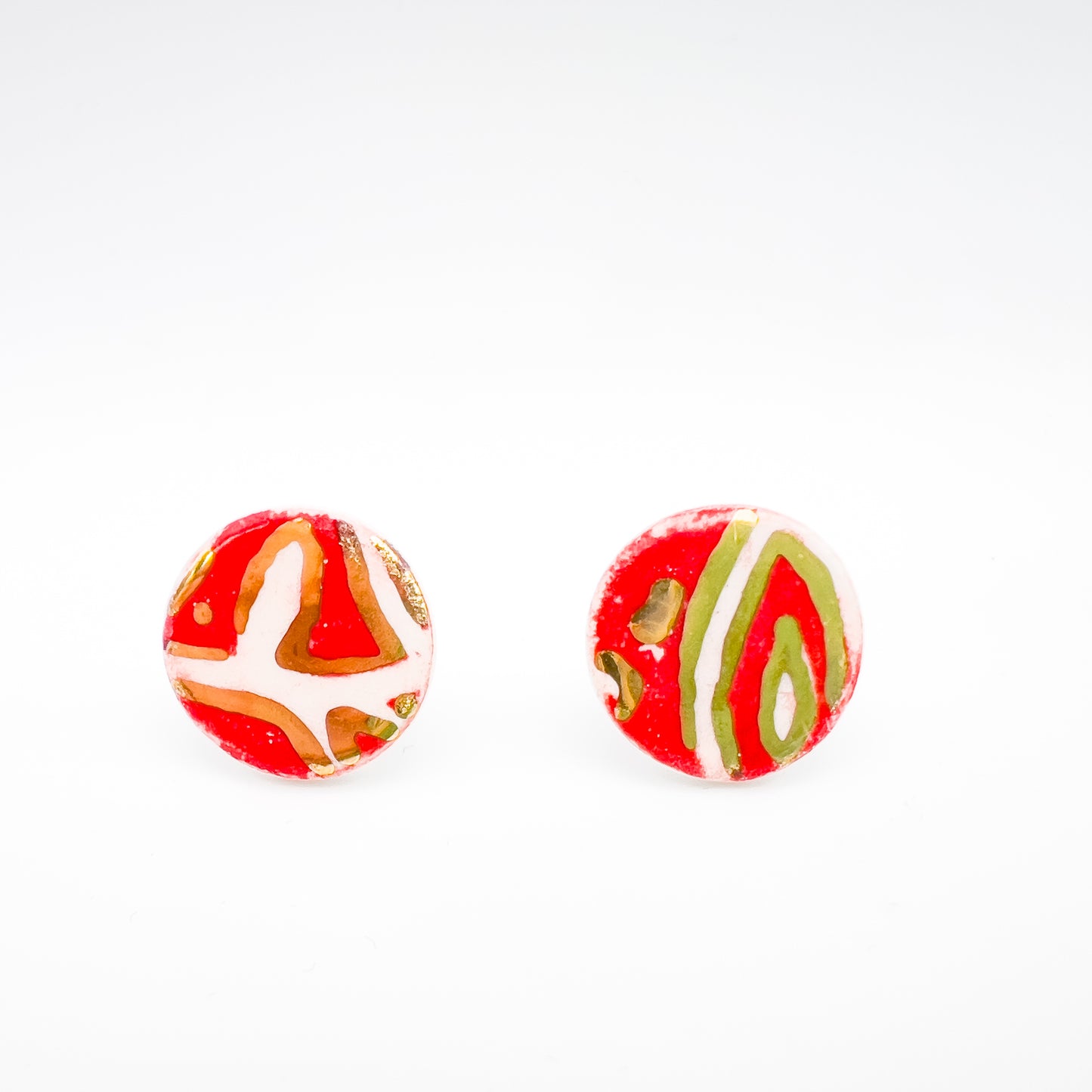Mini Stud - Festive Red Print & 24 carat Gold lustre