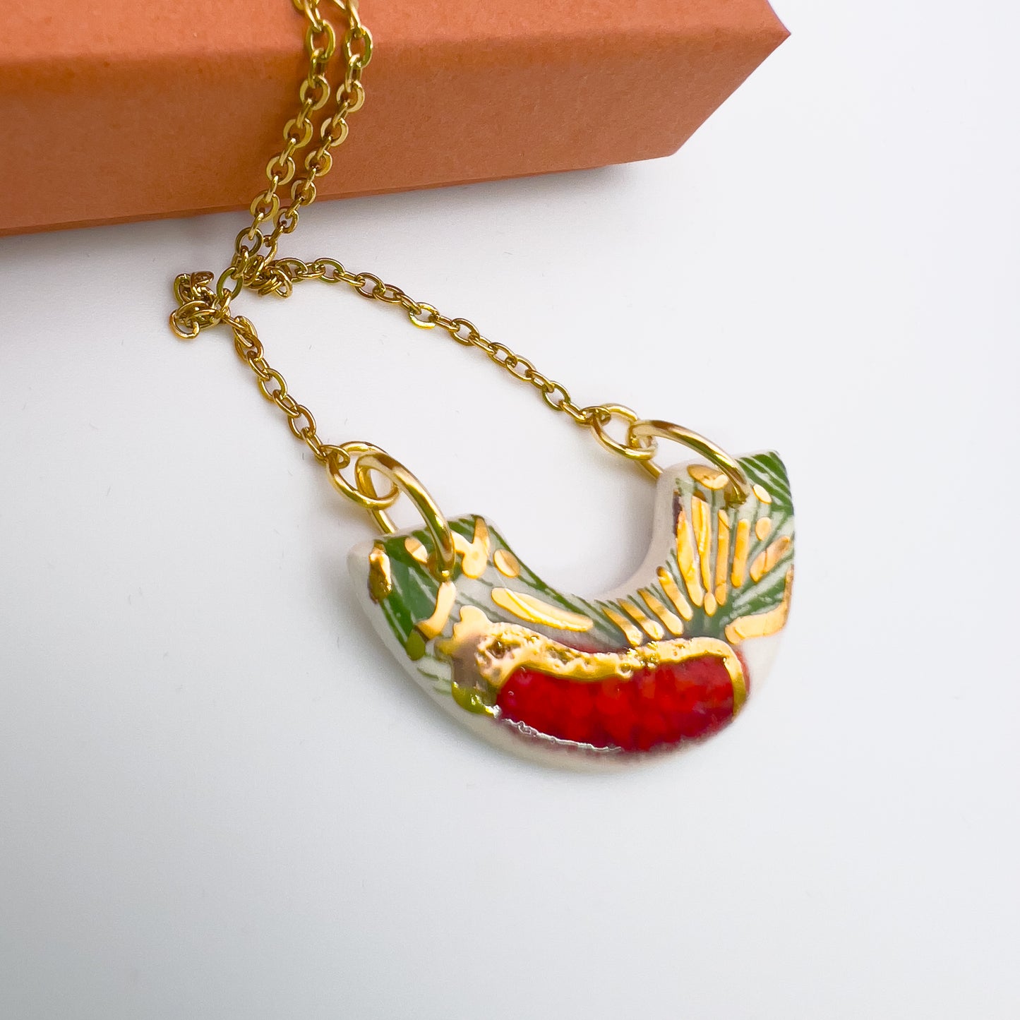 Mini Arc Necklace - Green Gingko print, Red & 24 carat gold