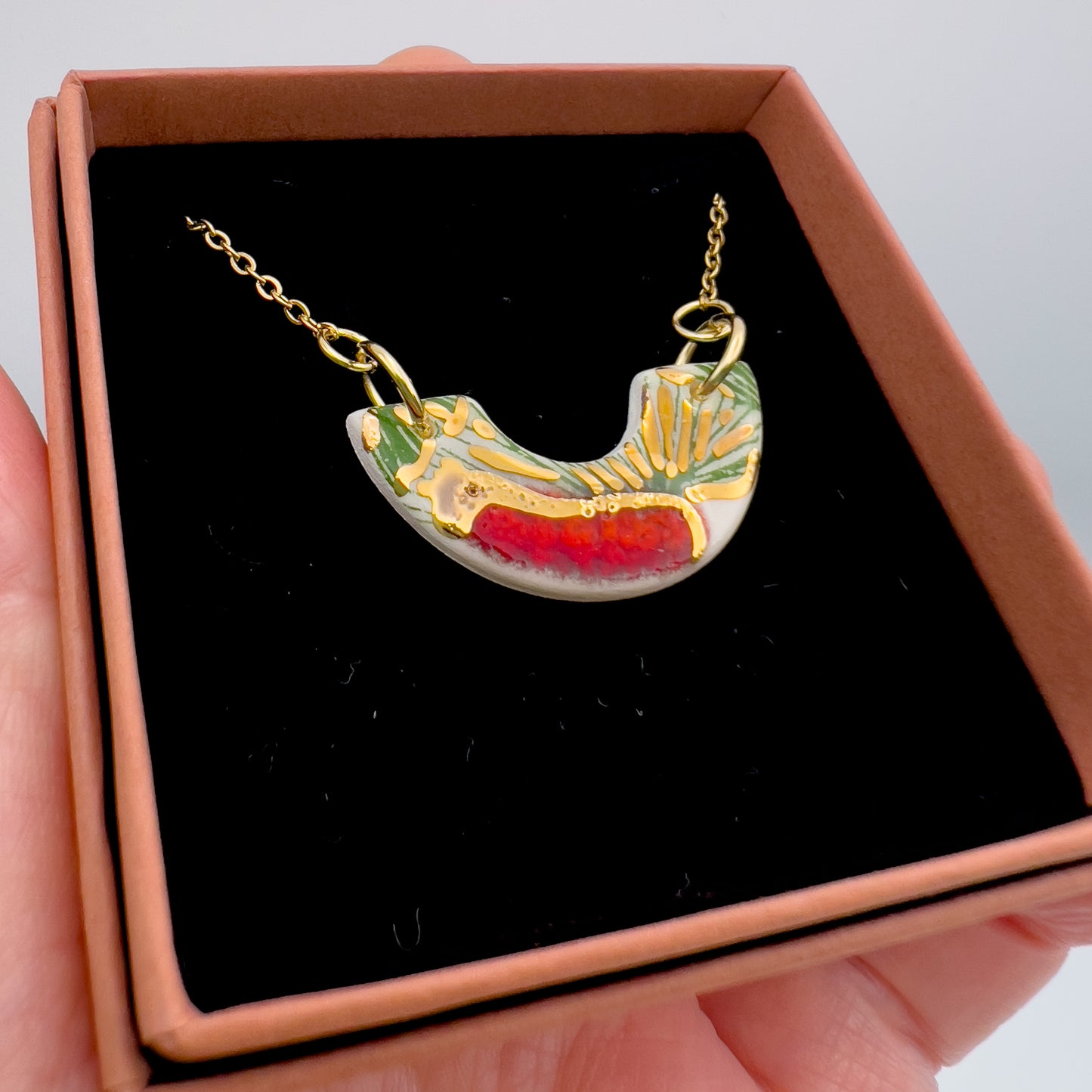Mini Arc Necklace - Green Gingko print, Red & 24 carat gold