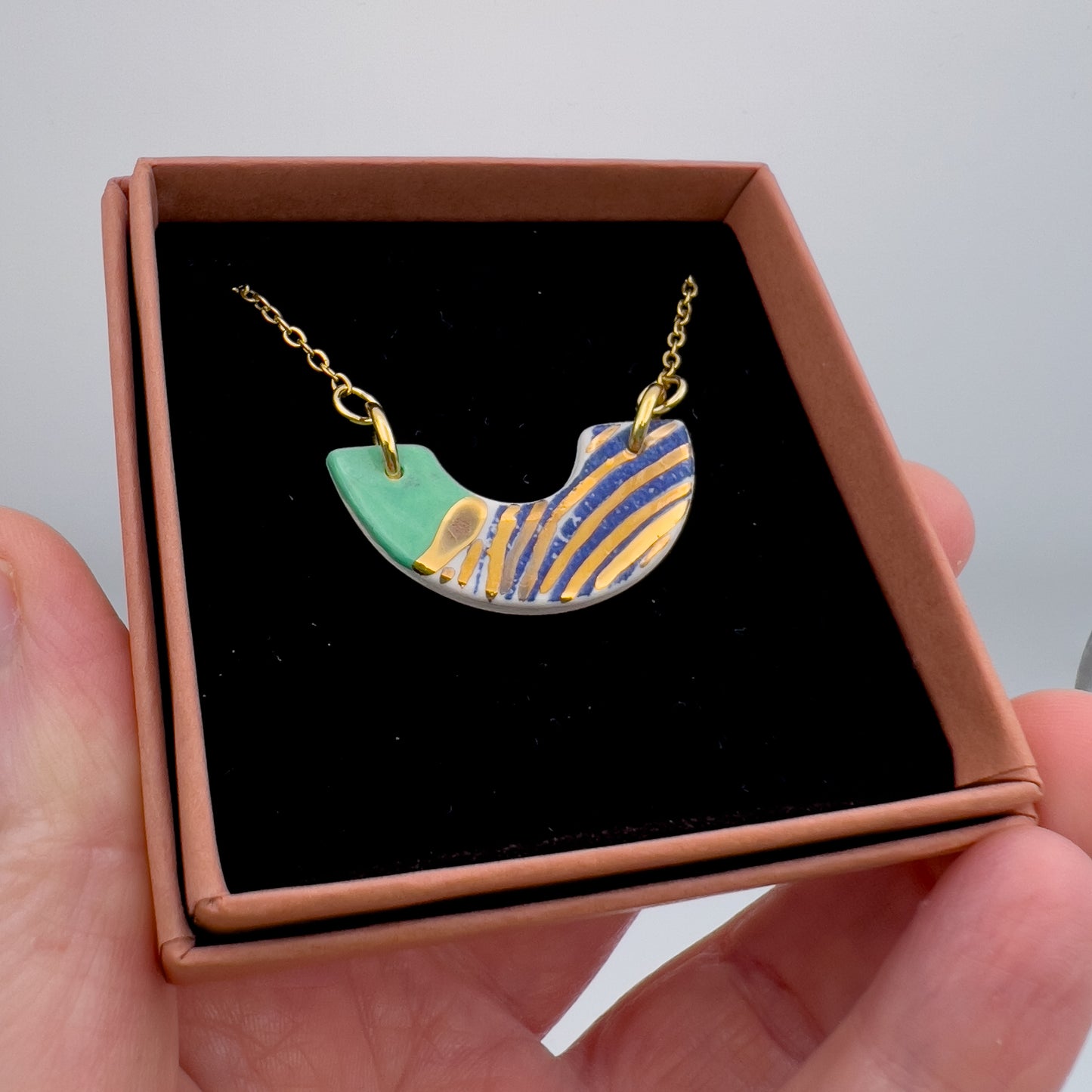 Mini Arc Necklace - Minty Green, Navy wavy print, Red & 24 carat gold