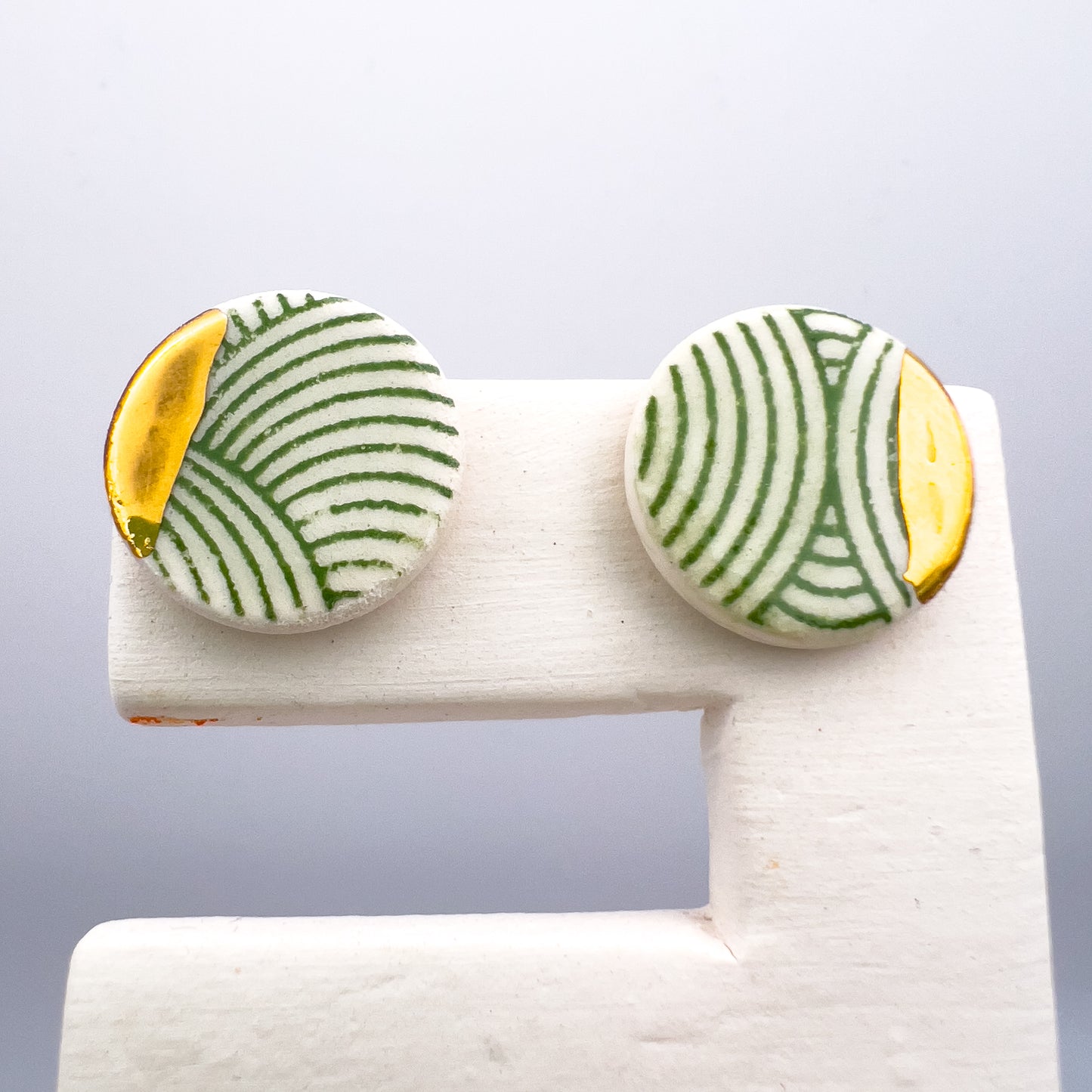 Mini Stud - Green swirly print & 24 carat gold