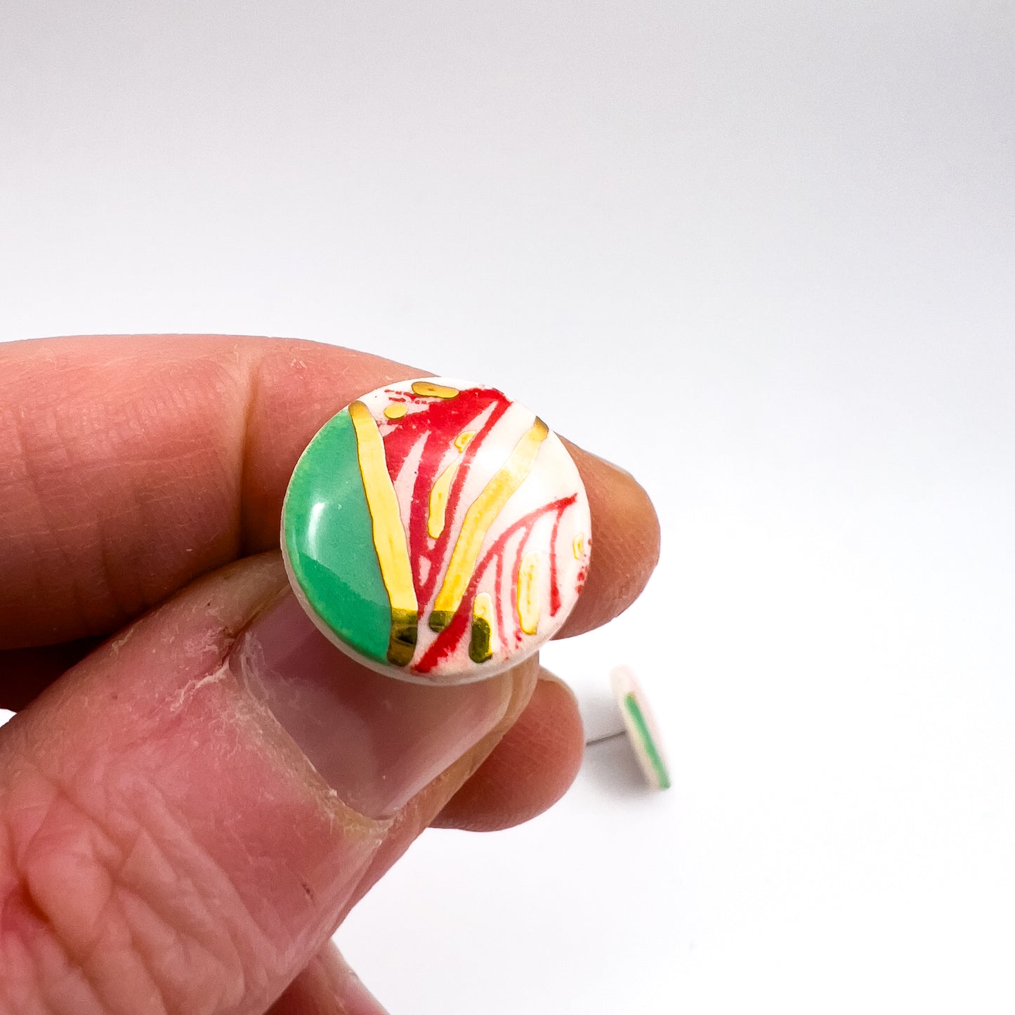 Mini Stud - Red print, mint green & 24 carat Gold Lustre
