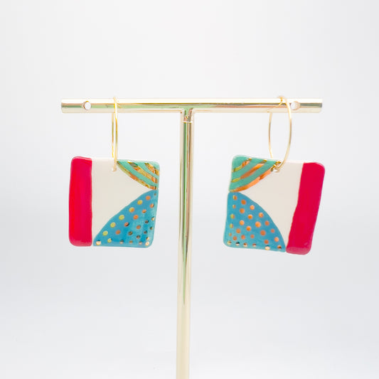 Square Hoop Drop -  Red, Blue,  Green & gold