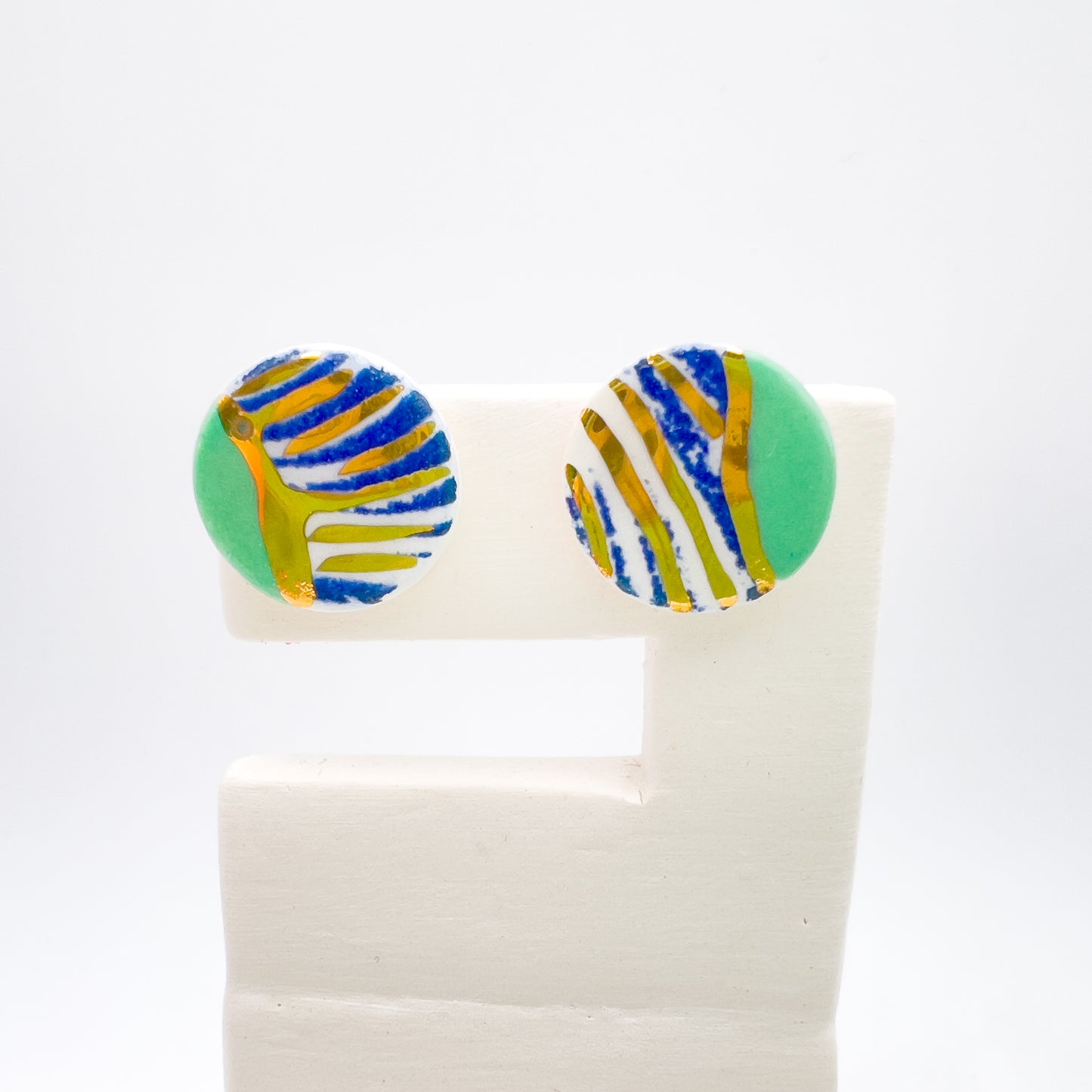 Mini Stud  - Navy wavy print, mint green & 24 carat Gold Lustre