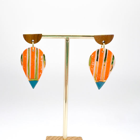 Wooden Rain Drop Earring- Orange Stripe, Blue & 24 Carat Gold