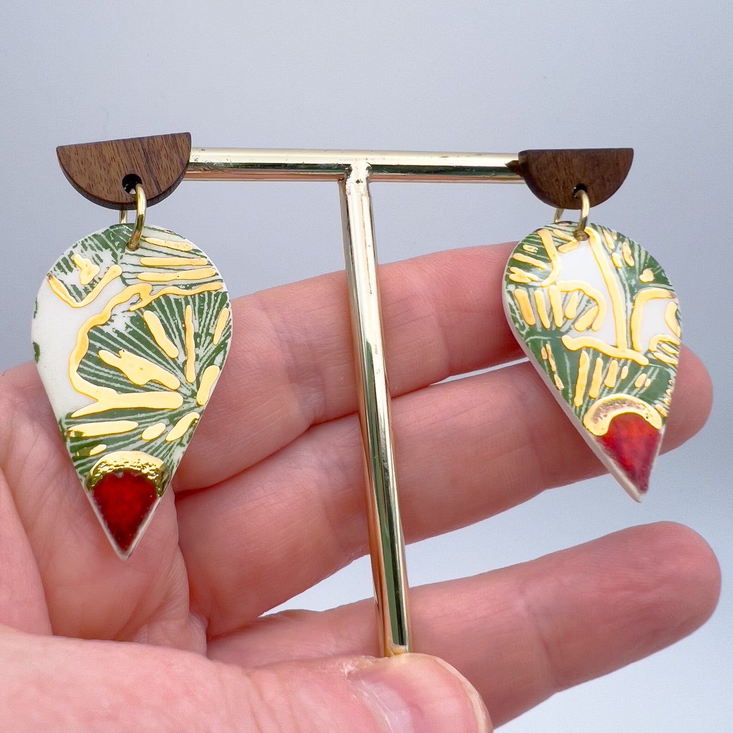 Wooden Rain Drop Earring- Red, Green Gingko & 24 Carat Gold