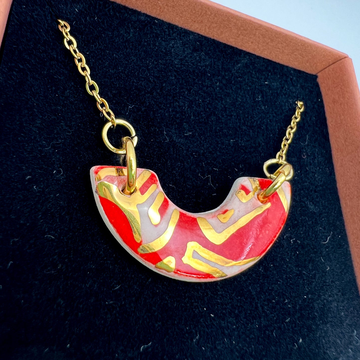 Mini Arc Necklace  - Red festive print & 24 carat gold