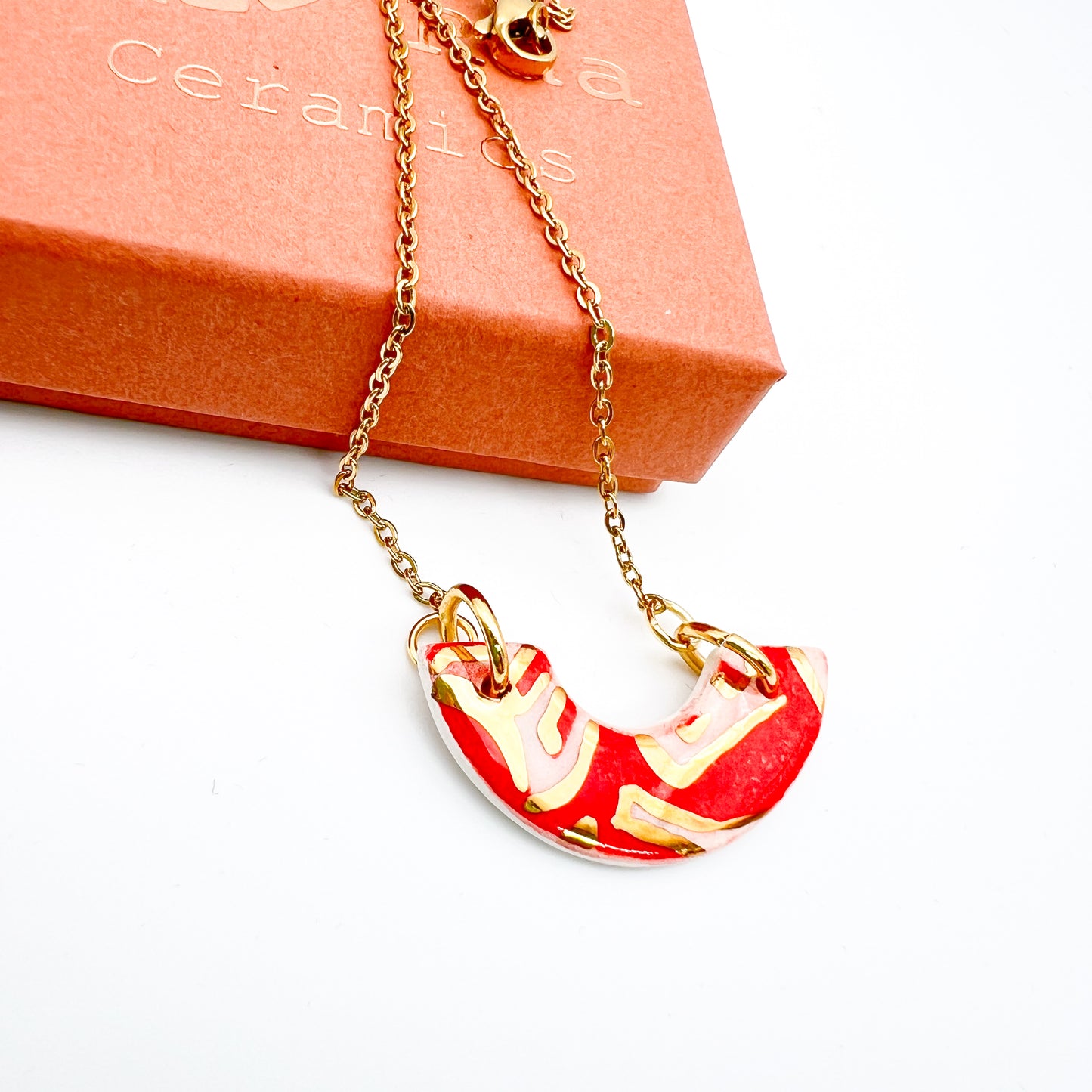 Mini Arc Necklace  - Red festive print & 24 carat gold