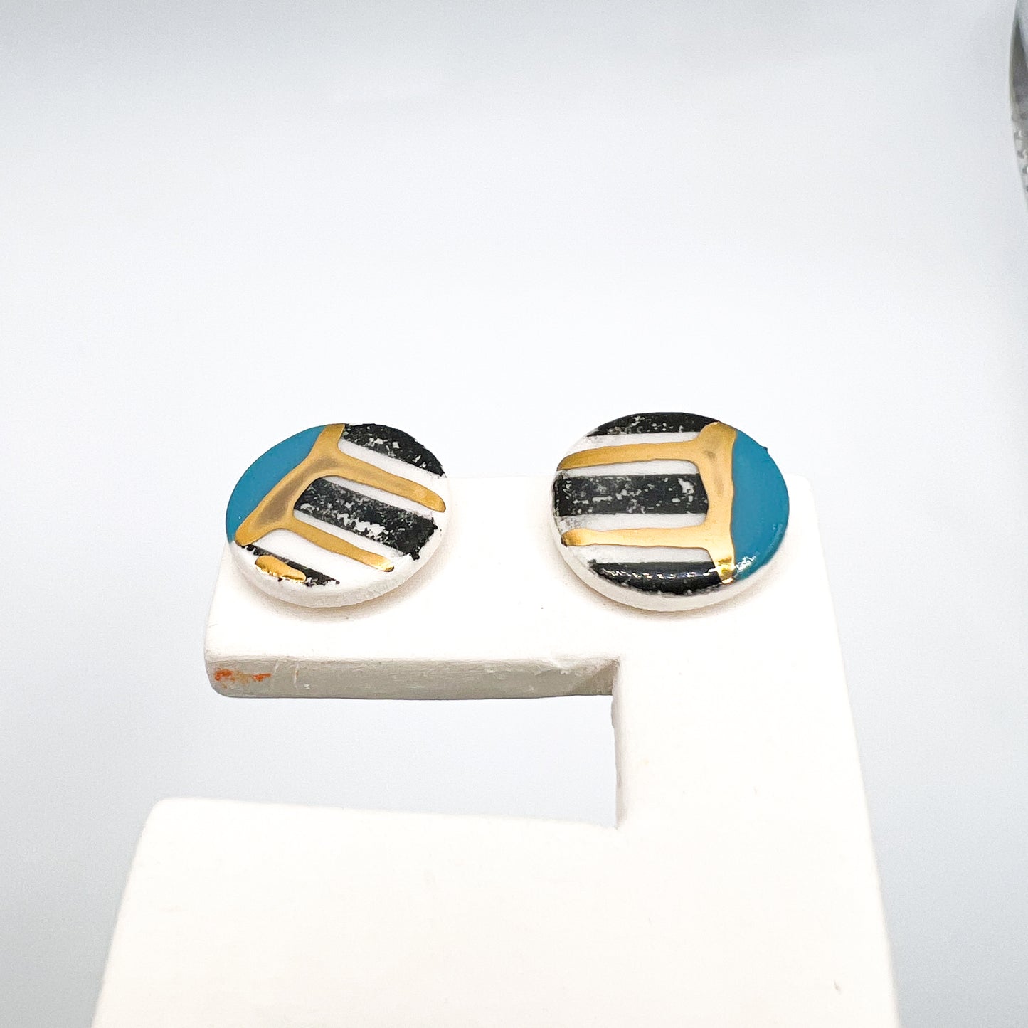 Mini stud- Blue & black stripes with 24 carat Gold Lustre