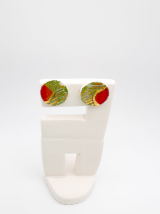Mini Stud  - Red, green ginko print & 24 carat Gold Lustre
