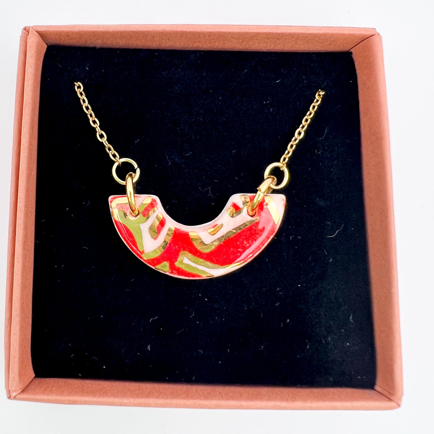 Mini Arc Necklace  - Red festive print & 24 carat gold
