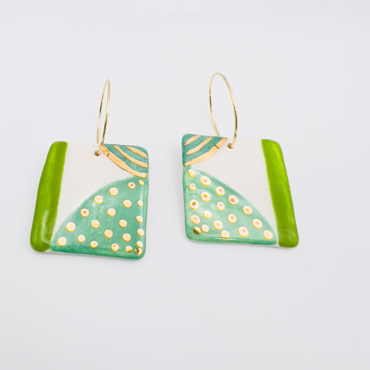 Square Hoop Drop -  Three Greens & gold