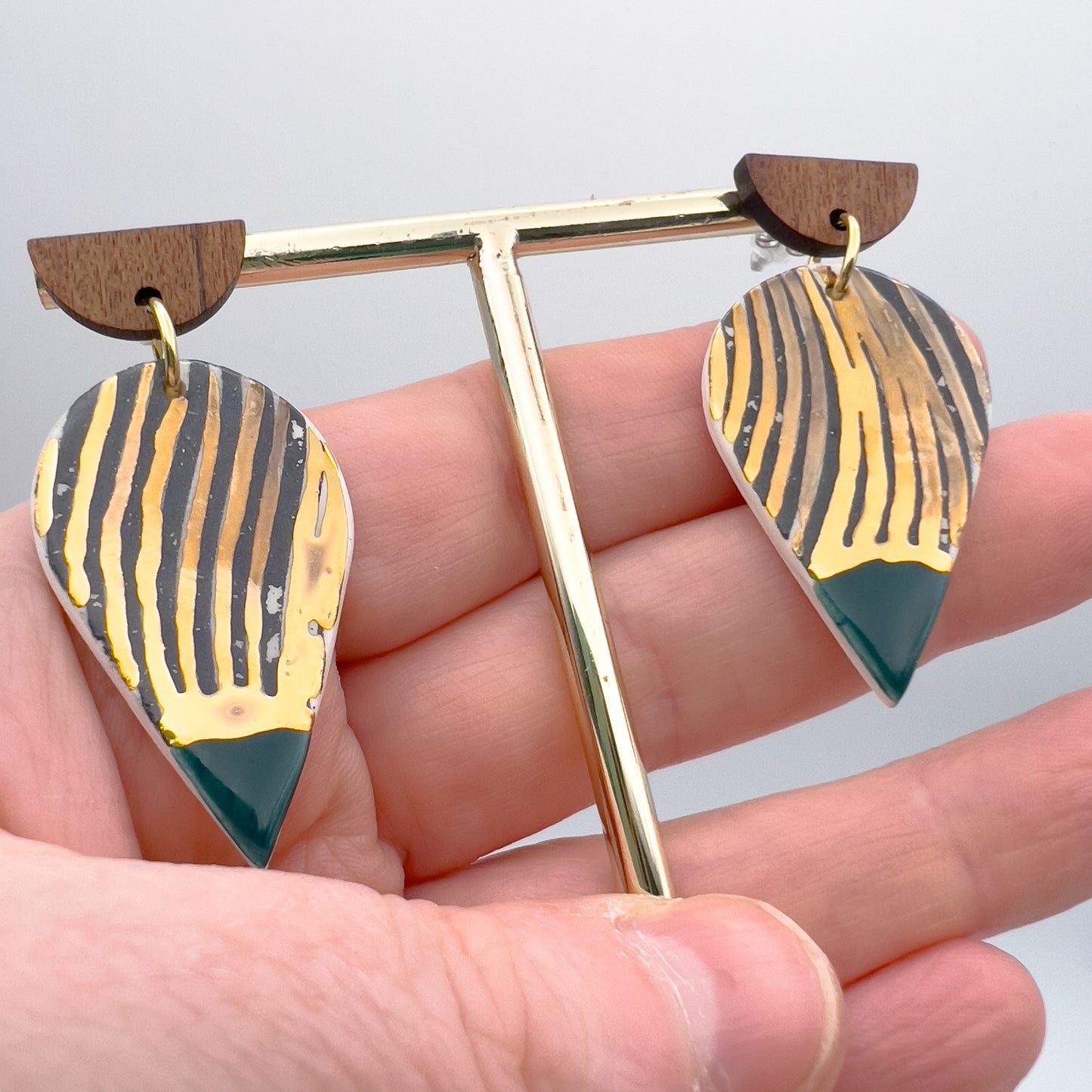 Wooden Rain Drop Earring - Black Wavy Print, Sea Green & 24 carat gold lustre