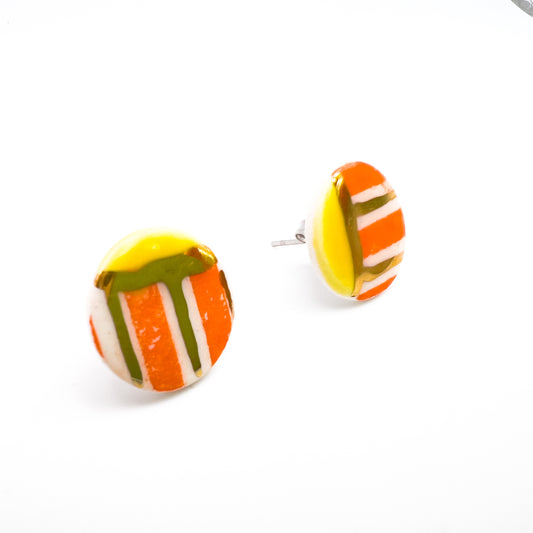 Mini Stud  - Orange stripe,  yellow & 24 carat Gold Lustre