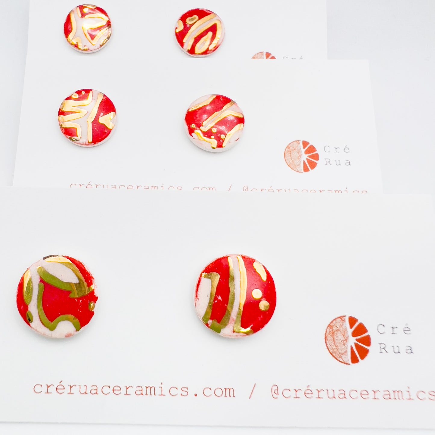 Mini Stud  - Festive Red Print & 24 carat Gold lustre