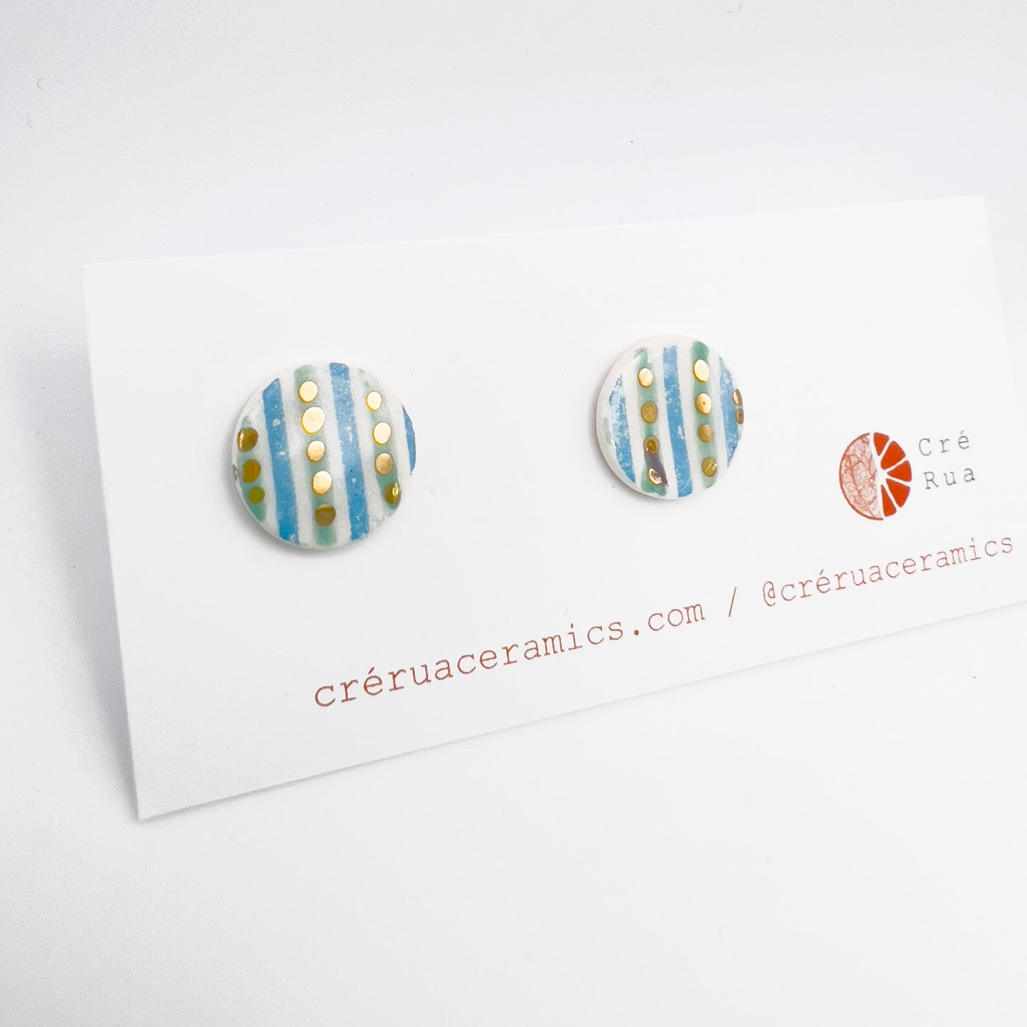 Mini stud - blue striped print & 24 carat Gold Lustre