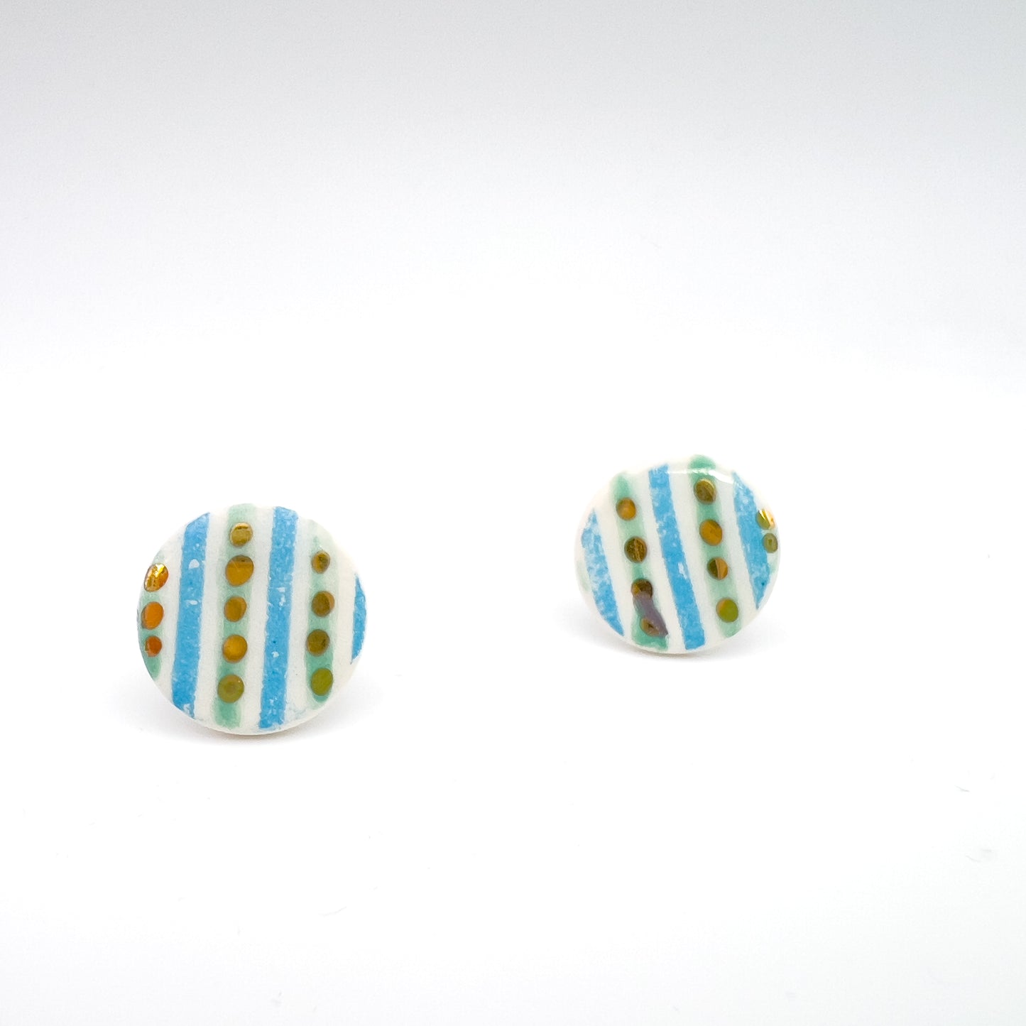 Mini stud - blue striped print & 24 carat Gold Lustre