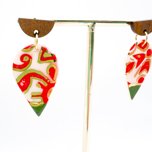 Wooden Rain Drop Earring- Irish Green, Red Print & 24 Carat Gold