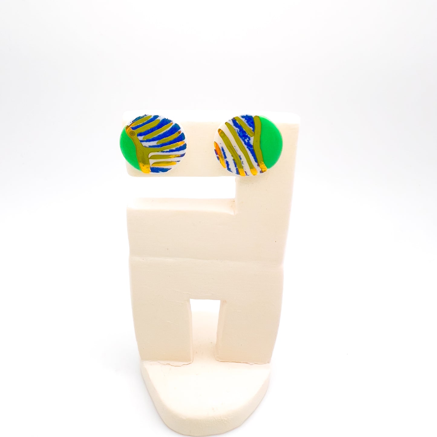 Mini Stud  - Navy wavy print, mint green & 24 carat Gold Lustre