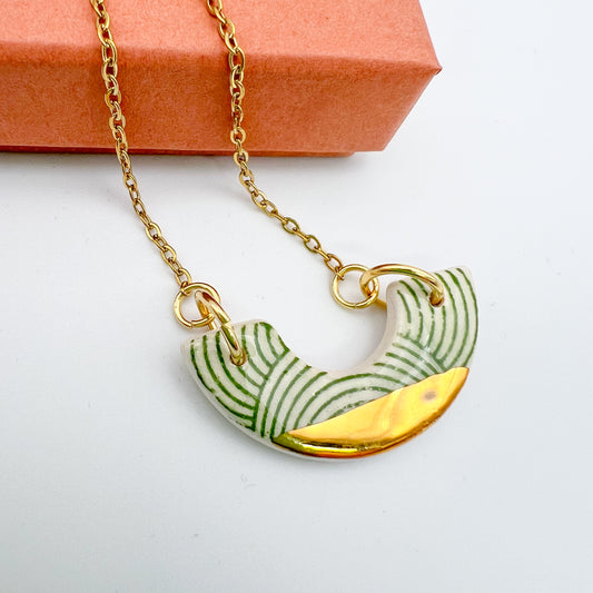 Mini Arc Necklace  - green swirl print & 24 carat gold