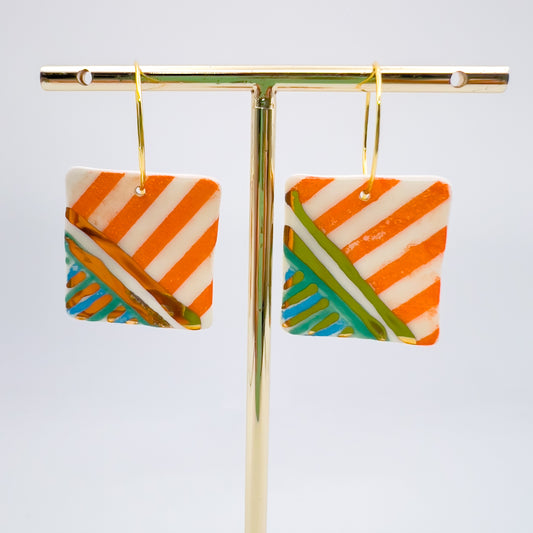 Square Hoop Drop -  Orange Stripe, Blue & gold