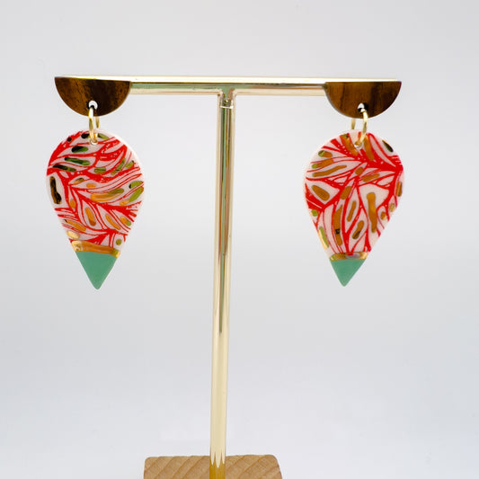 Wooden Rain Drop Earring- Minty Green, Red Print & 24 Carat Gold