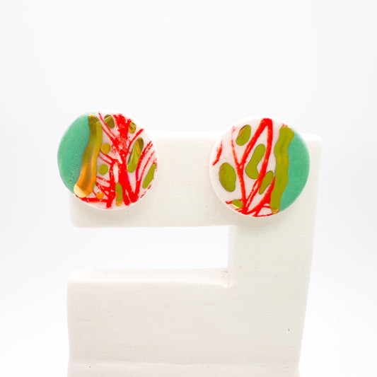 Mini Stud  - Red print, mint green & 24 carat Gold Lustre