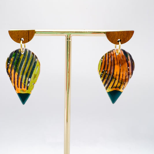 Wooden Rain Drop Earring - Black Wavy Print, Sea Green & 24 carat gold lustre