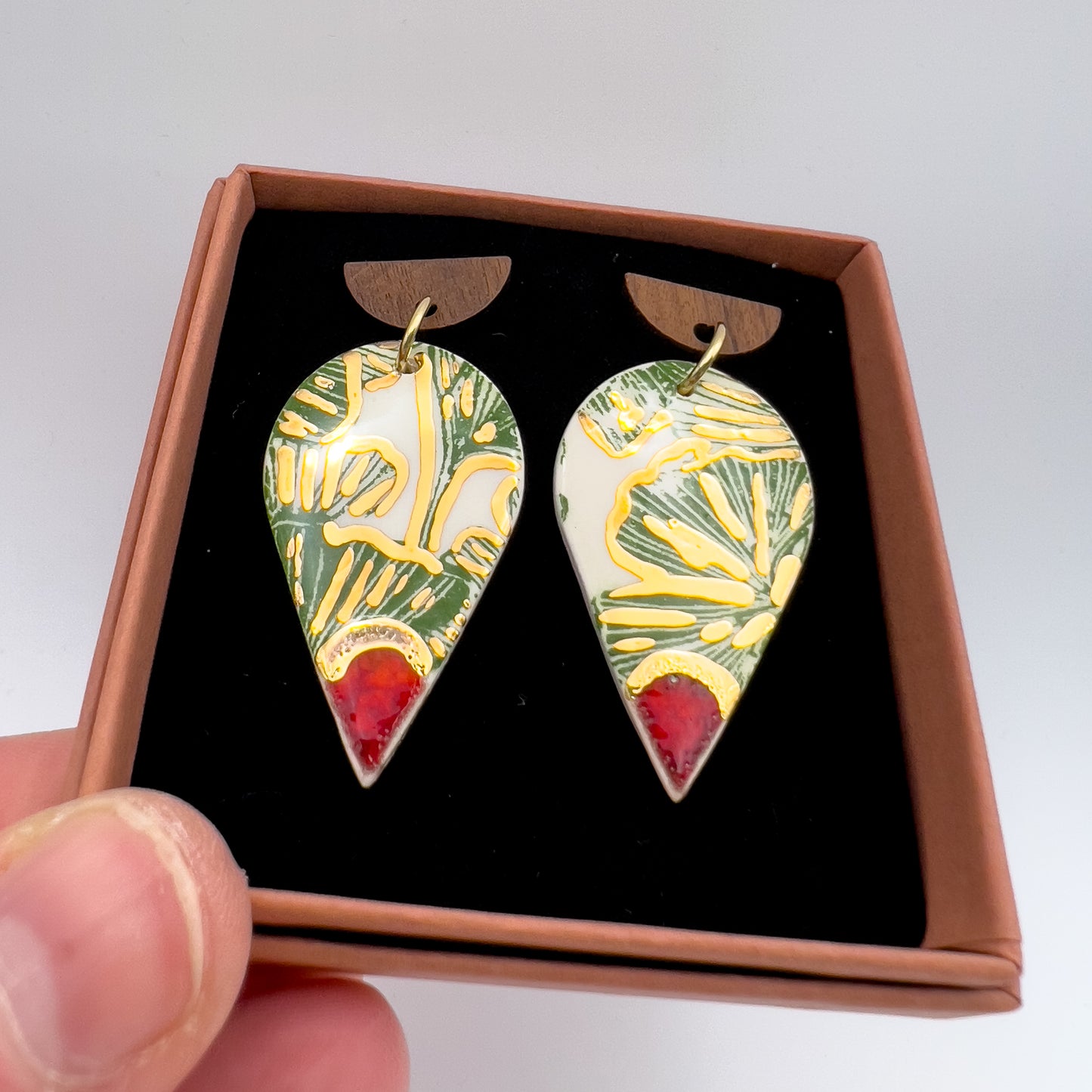 Wooden Rain Drop Earring- Red, Green Gingko & 24 Carat Gold