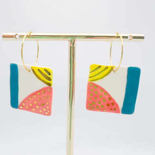 Square Hoop Drop - Yellow,Pink, Blue & gold