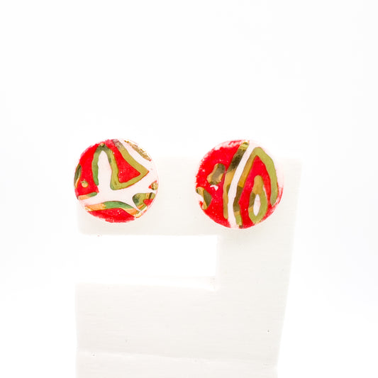 Mini Stud  - Festive Red Print & 24 carat Gold lustre