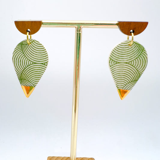 Wooden Rain Drop Earring - Green Spiral Print & 24 Carat Gold