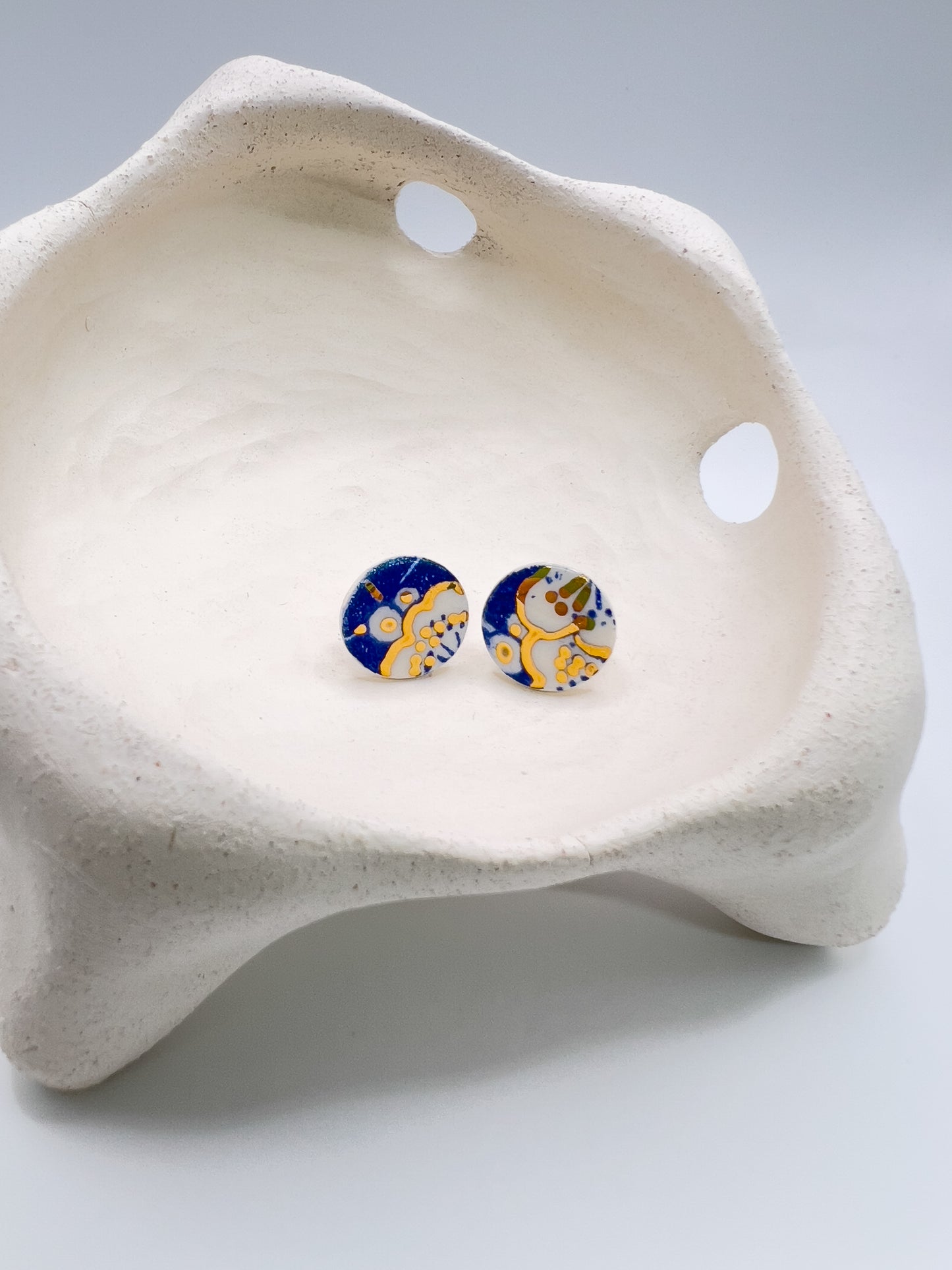 Mini stud - Japanese blue print & 24 carat Gold Lustre