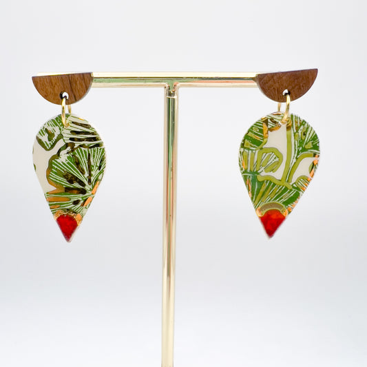 Wooden Rain Drop Earring- Red, Green Gingko & 24 Carat Gold
