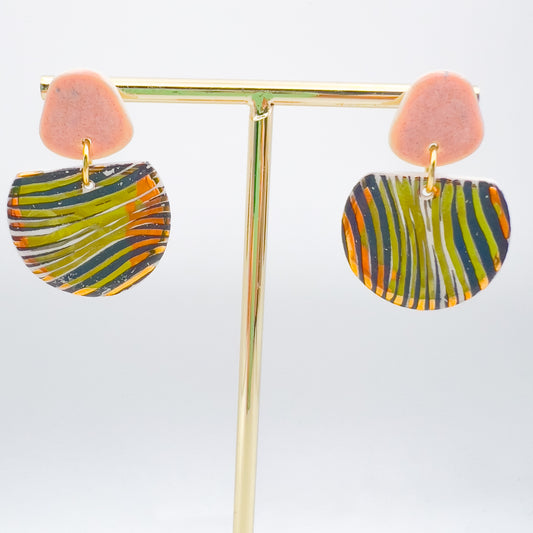 Cré Ór Beag Drop Earring - Black Wavy Print,  Mottled Pink & 24 Carat Gold