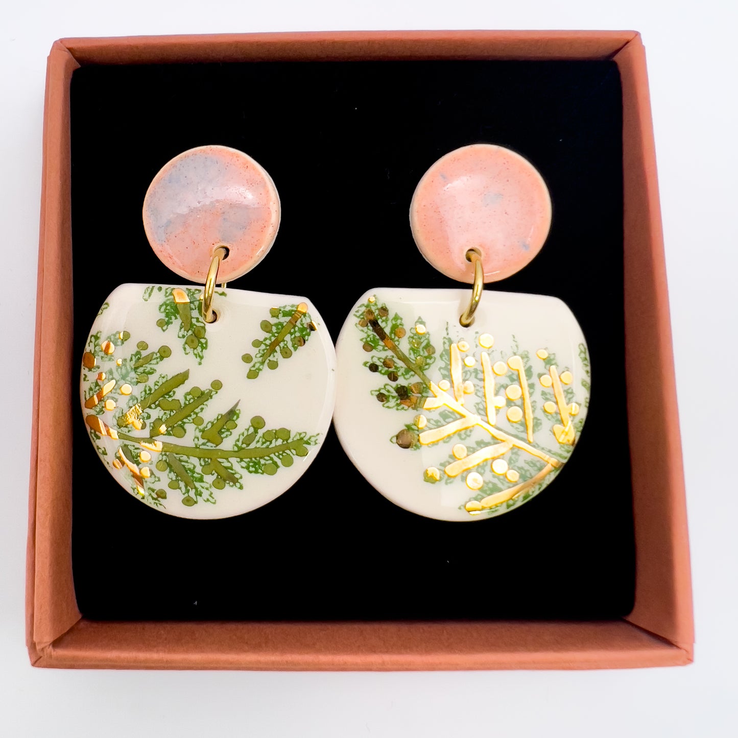 Cré Ór Beag Earring - Pink, Green leafy print & 24 Carat Gold