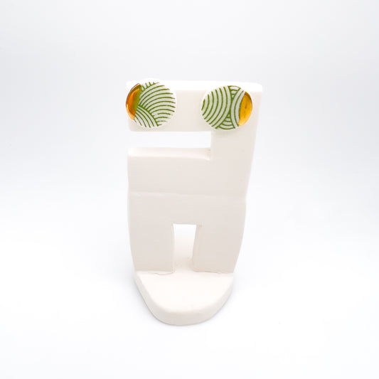 Mini Stud - Green swirly print & 24 carat gold